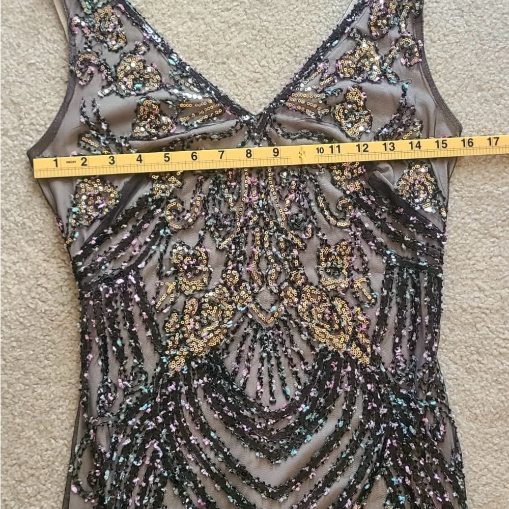 Embellished V-Neck Fringe Midi Dress in Black and Pink - Picture 11 of 16